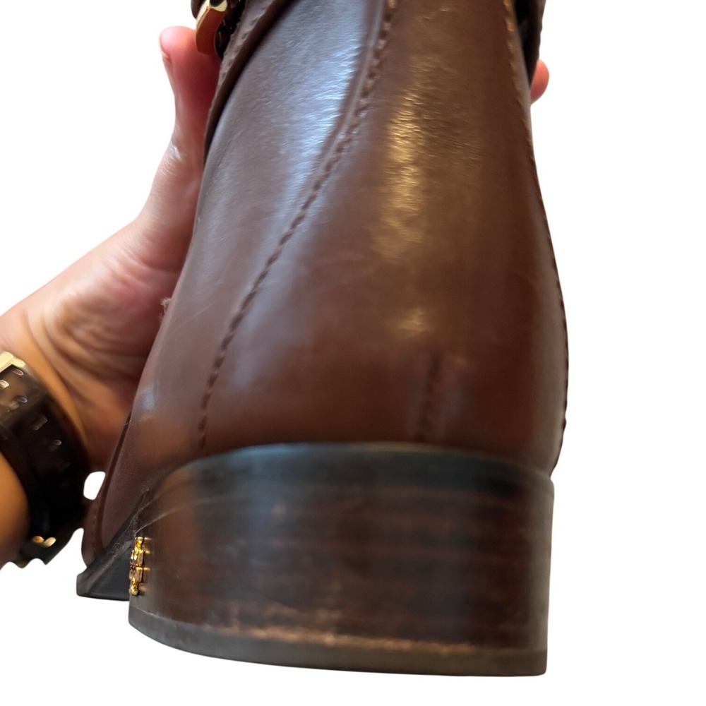 Tory Burch Brooke Brown Calf Leather Ankle Bootie Gold Logo Womens 7 - Picture 11 of 14